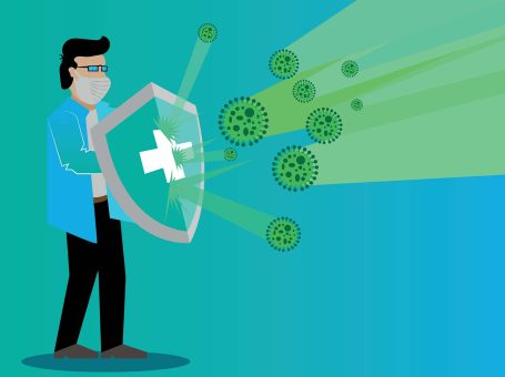 protection against viruses, bacteria and microbes. Man in mask and holding protection shield. graphic, vector